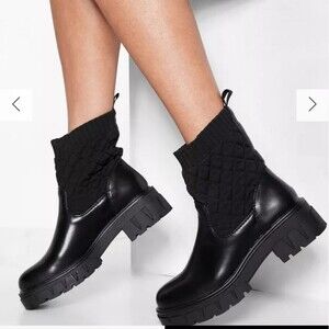 Boohoo Quilted Chunky Sole Sock Boots Black Pull On 8 39